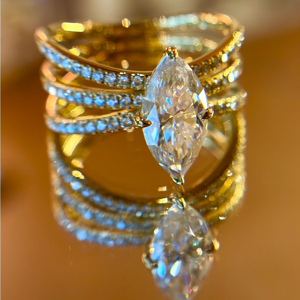 New Certified 18K Gold Plated S925 2CT Marquise Moissanite Stacked bridal Ring 7